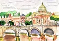 Roma beautiful landscape. beautiful view. Watercolor drawing picture street view in Vatican Rome, Italy.