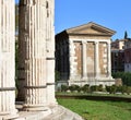 Tempio di Portuno from Tempio di Ercole Vincitore. Ancient Roman Greek classical style temples. Rome, Italy. Royalty Free Stock Photo