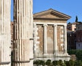 Tempio di Portuno from Tempio di Ercole Vincitore. Ancient Roman Greek classical style temples. Rome, Italy.