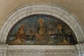 ROMA, ITALY - AUGUST 2018: Ancient fresco in the temple depicting the birth of Jesus Christ the Virgin Mary Royalty Free Stock Photo