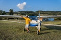 ROMA, ITALY - AUGUST 2018: Young pilot near his plane Tecnam P92-S Echo