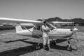 ROMA, ITALY - JULY 2017: Courageous young man pilot on a light aircraft Tecnam P92-S Echo
