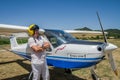 ROMA, ITALY - JULY 2017: Courageous young man pilot on a light aircraft Tecnam P92-S Echo