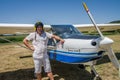 ROMA, ITALY - JULY 2017: Courageous young man pilot on a light aircraft Tecnam P92-S Echo