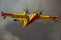 ROMA, ITALY - JULY 2017: Firefighting aircraft Bombardier CL-415 in an emergency situation, during a natural disaster, gathers wat