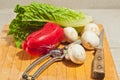 Romain lettuce, mushrooms, red pepper, knife and cutting shears