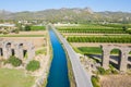 Roman aqueduct at Aspendos. Kepru river. Ruin. Turkey. Aerial photography. View from above