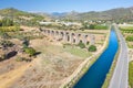 Roman aqueduct at Aspendos. Kepru river. Ruin. Turkey. Aerial photography. View from above