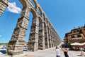 Roman Aqueduct and Azoguejo Square of ancient european spanish city of Segovia