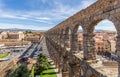 Roman aqueduct bridge and city panorama, Segovia, Spain Royalty Free Stock Photo