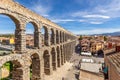 Roman aqueduct bridge and city panorama, Segovia, Spain Royalty Free Stock Photo