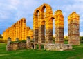 Roman aqueduct in evening lights. Merida Royalty Free Stock Photo