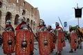 Roman army near colosseum at ancient romans historical parade
