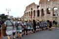 Roman army near colosseum at ancient romans historical parade Royalty Free Stock Photo