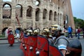 Roman army near colosseum at ancient romans historical parade Royalty Free Stock Photo