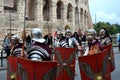 Roman army near colosseum at ancient romans historical parade Royalty Free Stock Photo