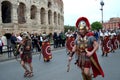 Roman army near colosseum at ancient romans historical parade Royalty Free Stock Photo