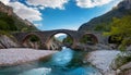 Roman bridge over a mountain stream, AI generated Royalty Free Stock Photo