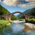 Roman bridge over a mountain stream, AI generated Royalty Free Stock Photo