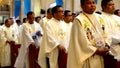 Roman Catholic priests stand as they listen to homily during congregation mass