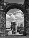 Roman city ancient ruins gate Heidentor in black and white, Petronell Carnuntum, Austria