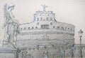 Roman cityscape of the Castel Sant Angelo painted by ink