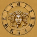 Roman clock face dial with Medusa Gorgon. Mix media