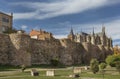 Roman defensive wall with towers and cathedral in Astorga Asturica, Leon, Spain