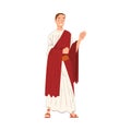 Roman Emperor in Traditional Clothes, Ancient Rome Citizen Character in Red Toga and White Tunic And Sandals Vector