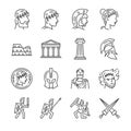 Roman empire line icon set. Included the icons as soldier, column, coliseum, sanctuary, emperor and more.