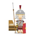 Roman Empire soldier cartoon character with The Colisseum. Vector Illustration. Royalty Free Stock Photo