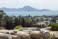 Roman era ruins and Gulf of Tunis viewed from Byrsa, Carthage, Tunisia Royalty Free Stock Photo