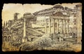 Roman Forum cityscape painted on old paper