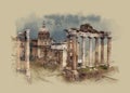 The Roman forum in Rome, Italy, watercolor sketch