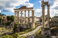 Roman forum, with the temple of Vespasian and Titus and temple of Saturn in the foreground. Rome Royalty Free Stock Photo