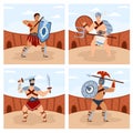 Roman gladiators or legionary in armor with weapons on arena