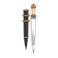 Roman Gladius Short Sword with Sheath on white. Top view. 3D illustration