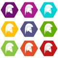 Roman helmet icon set color hexahedron