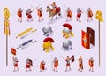 Roman Legionaries of Ancient Rome, weapons, signs and uniforms Set isometric icons on isolated background Royalty Free Stock Photo