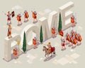 Roman Legionaries walking along a stone road of Ancient Rome illustration isometric icons on isolated background Royalty Free Stock Photo