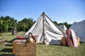 Roman legionary camp with tents, armor shields and a helmet