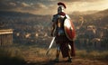Roman male legionary legionaries wear helmet with crest, gladius sword and a scutum shield, heavy infantryman, realistic soldier