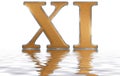 Roman numeral XI, undecim, 11, eleven, reflected on the water surface, isolated on white, 3d render