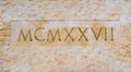 Roman numerals equaling 1927 carved into the wall of the Santa Barbara California county courthouse