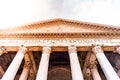 Roman Pantheon - detailed front bottom view of entrance with columns and tympanum. Rome, Italy Royalty Free Stock Photo