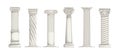 Roman pillars. White ancient Greek marble columns. Architecture elements set. Part of building with carved stone decorations. Royalty Free Stock Photo