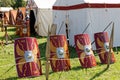 Roman shields Scutum in array at military camp, living history