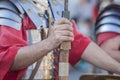 Roman soldier holding the pilum, ancient roman army javelin