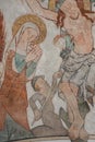 The Roman soldier Longinus and Virgin Mary at the crucifixtion, an old wall-painting Royalty Free Stock Photo