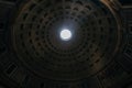 Roman temple Pantheon dome. The coffered dome has a central oculus as the main source of natural light in Rome, Italy